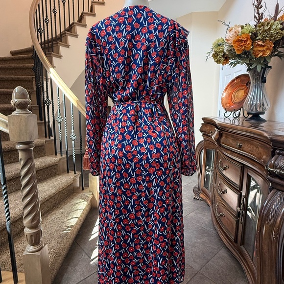 ESCADA Sport Floral Ruffle Wrap Dress EU 38 Blue Red Long Sleeve Midi MSRP $695 - Picture 6 of 11